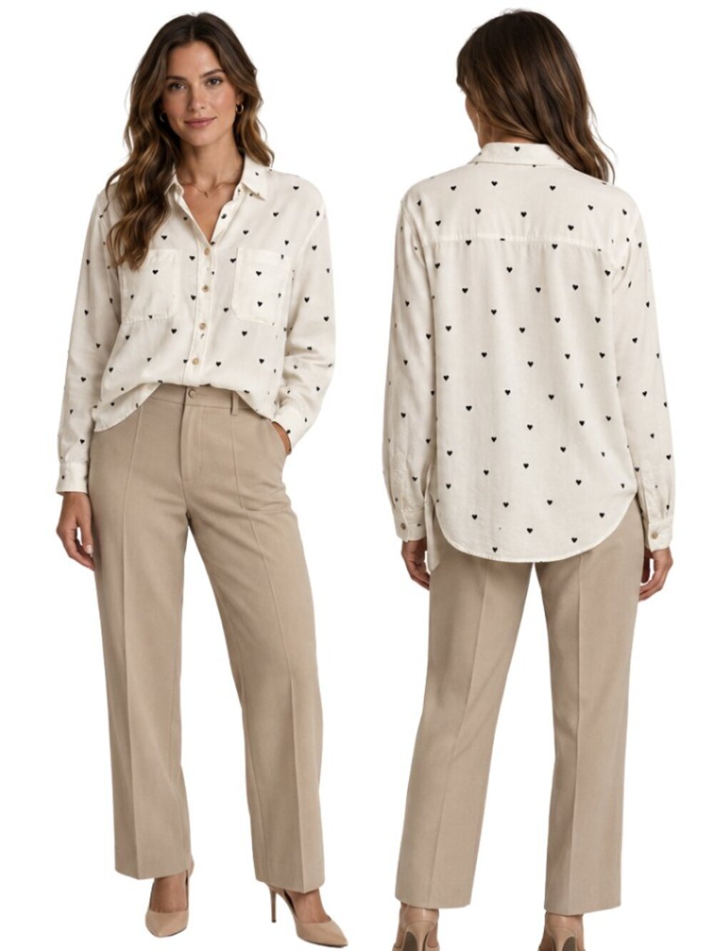 Abercrombie & Fitch Heart Print Boyfriend Button Up Shirt Women's Small Ivory